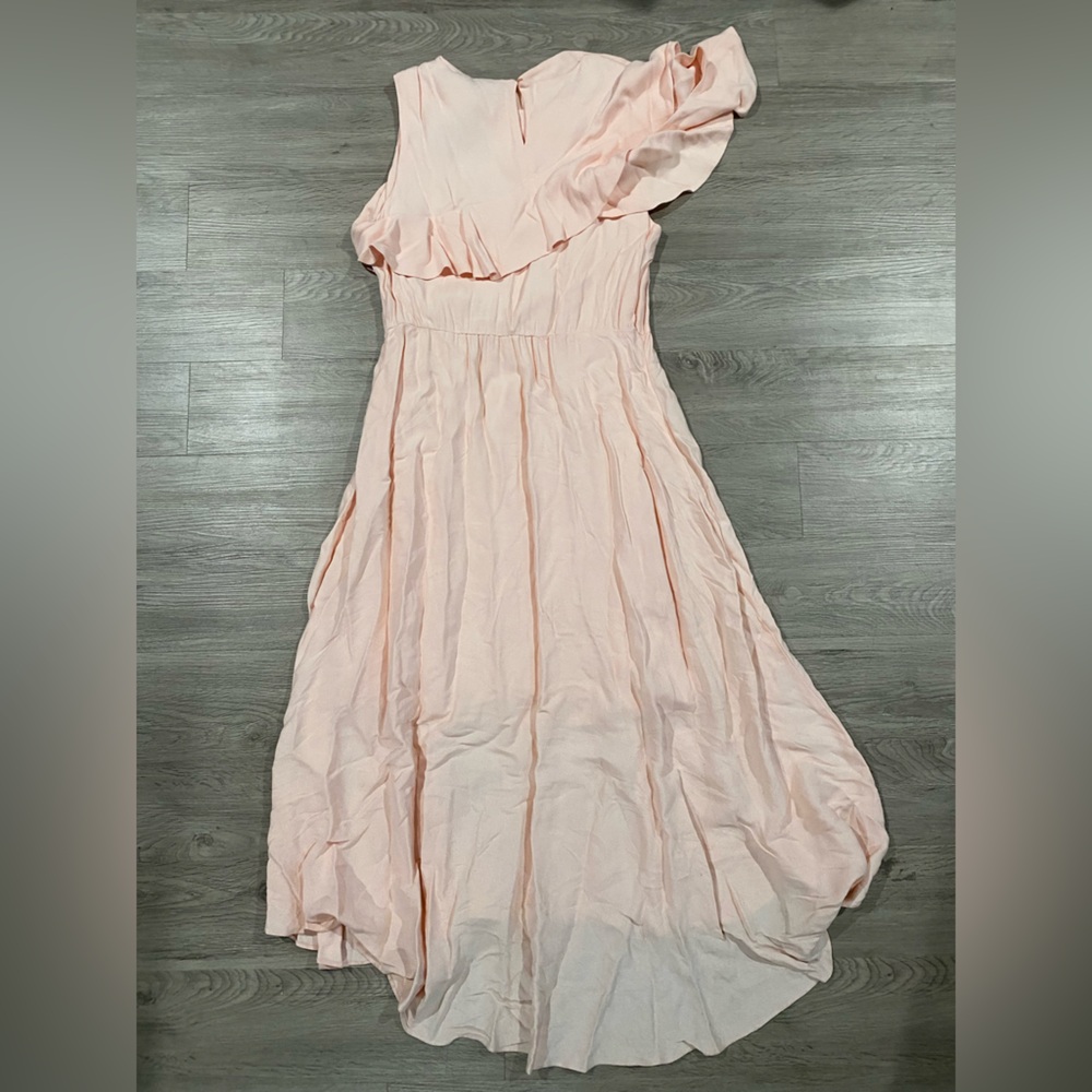 Maje Riveli Cold Shoulder Crepe Midi Elegant Pink Ruffle Dress‎ - Picture 10 of 12